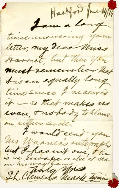 1876 LETTER TO HARRIET